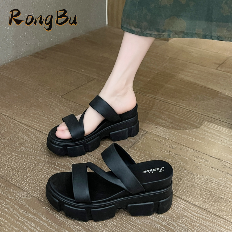RongBu Women's sandals thick sole fashionable all-match high-end flat sandals