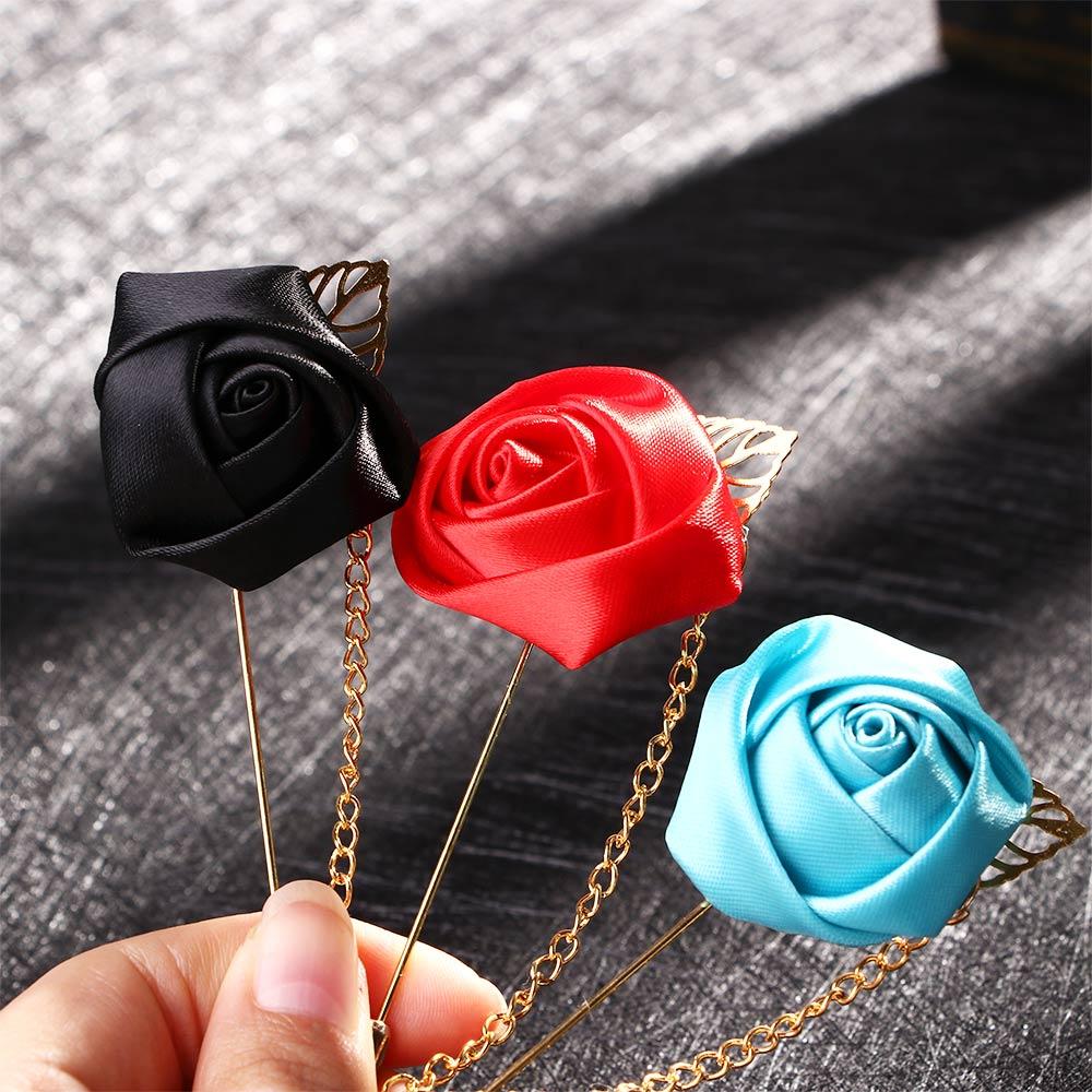 Men Suit Rose Flower Brooches Canvas Fabric Ribbon Tie Pins