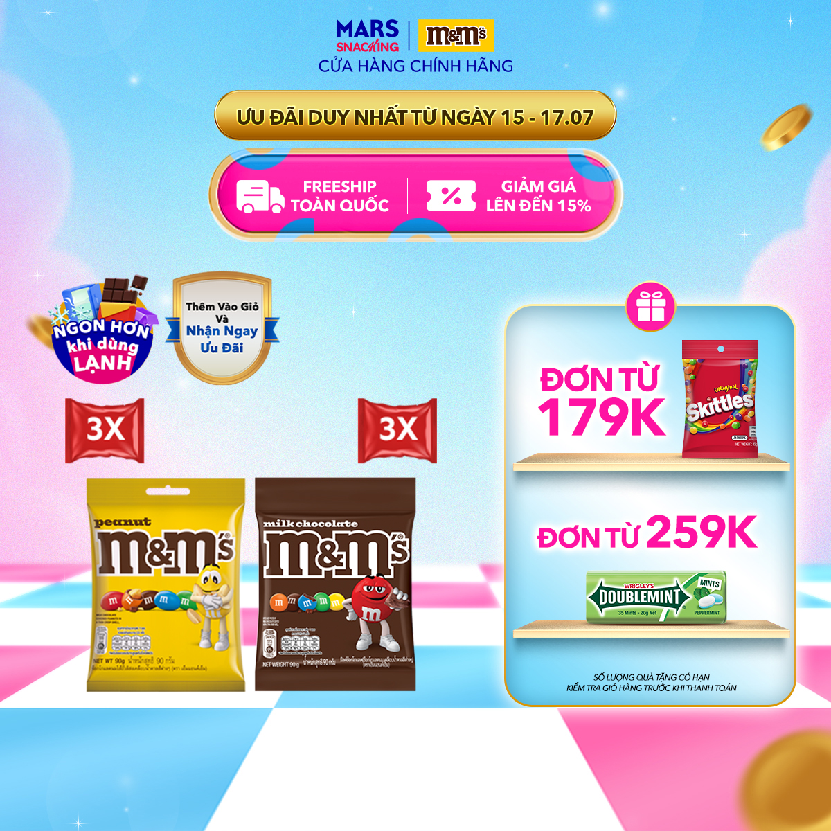 Combo 6 gói kẹo sô cô la sữa & sô cô la đậu phộng M&M's 90g (90gx3 + 90gx3) socola