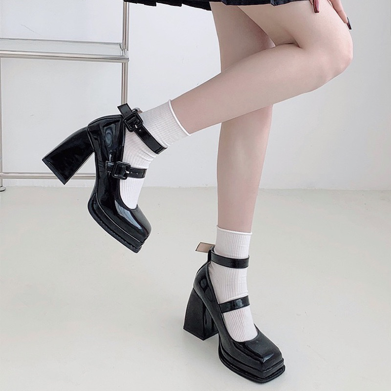 Giày cao gót mũi vuông quai ngang đế 9cm - Giày Marry jane gót vuông 9cm hàng Qc cao cấp