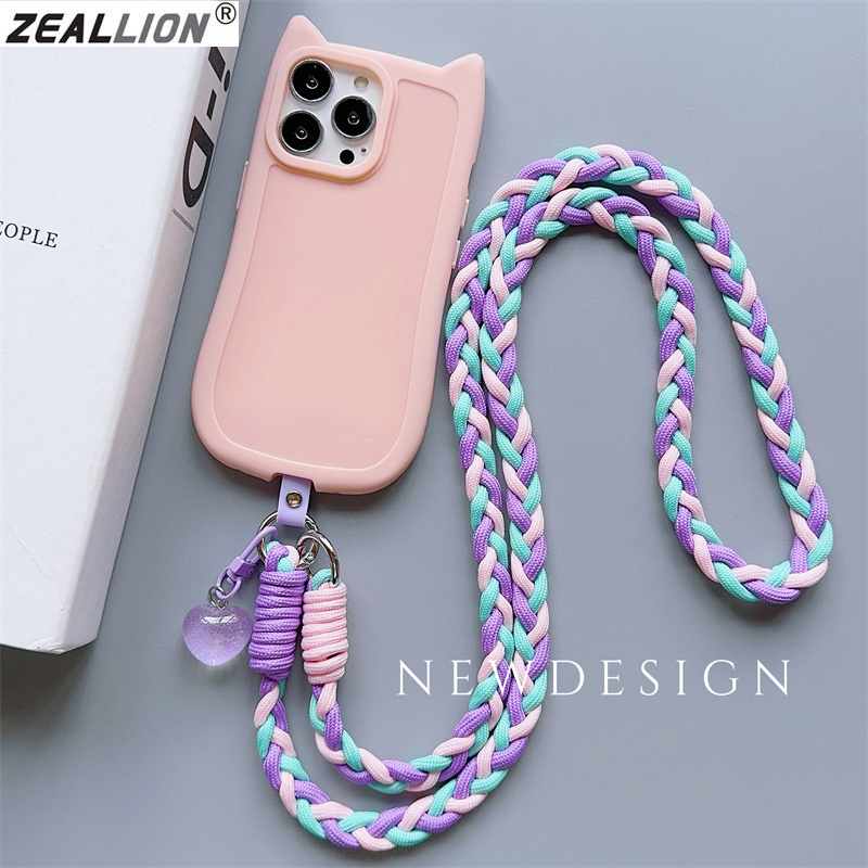 Zeallion Colourful Braided Neck Strap Mobile Phone Crossbody Long Lanyard Anti Lost Hanging Rope Cellphone Case with Patch