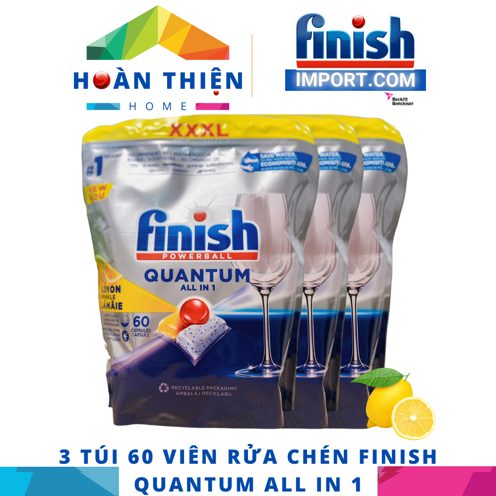 COMBO 3 Túi 60 viên rửa chén bát Finish Quantum All in 1 dùng cho máy rửa chén, bát - 180 viên/ hộp (HƯƠNG CHANH).