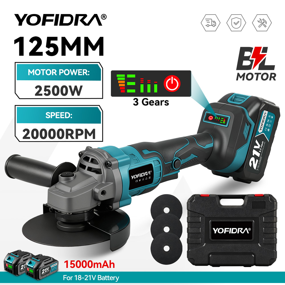 Yofidra máy cắt máy xay góc không chổi than 125mm M14 dụng cụ điện máy xay góc máy mài góc chạy điện 20000 vòng/phút cho pin Makita 21V