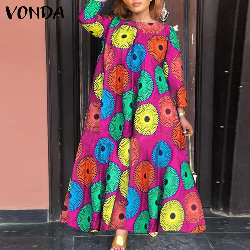 VONDA Womens Casual Stylish Bohemian Printed 3/4 Sleeve Vintage Loose A-Line Dress Long Dress (Plus Size)