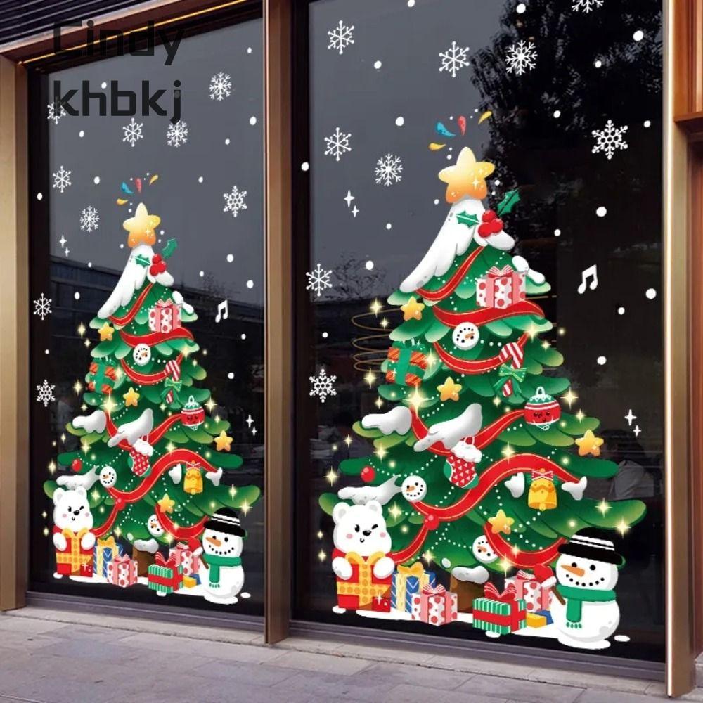 CINDYKHBKJ Ông già Noel Miếng dán cửa sổ giáng sinh Họa tiết hoạt hình Cây giáng sinh Nhãn dán kính 