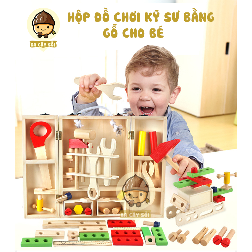 Đồ chơi bộ dụng cụ kỹ thuật sửa chữa bằng gỗ Cho Bé, Đồ chơi hộp công cụ gỗ cho bé tập làm kỹ sư sửa chữa