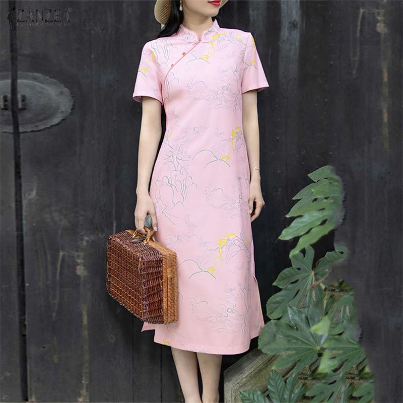 Celmia ZANZEA phong cách Hàn Quốc Phụ Nữ Phong Cách Trung Quốc Đầm được in hình thời trang thanh lịch áo choàng dài tay ngắn cổ điển Midi sundress #0929
