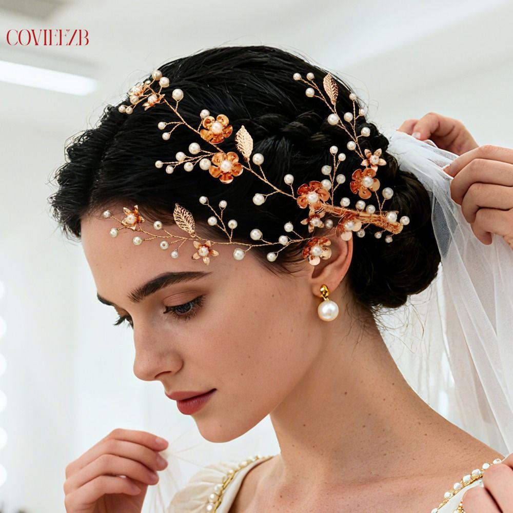 COVIEEZB หินประดับ ที่คาดผมเจ้าสาว ระยิบระยับ ทอง/เงิน มงกุฎแต่งงาน หรูหรา รูปทรงใบไม้ หูฟัง ปาร์ตี้ ราคา 184 บาท*ส่งฟรี