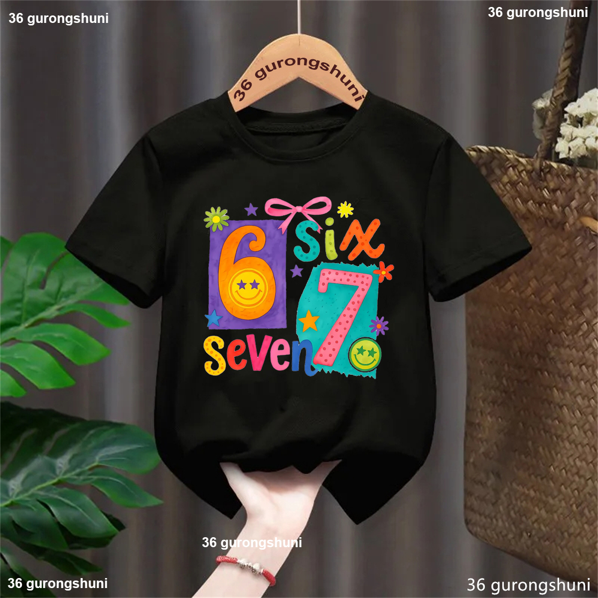 Colorful Six Seven 67 Flowers Bow Star Printed T Shirt Girls Kawaii Kids Clothes Summer Short Sleeve T-Shirt Solid Tshirt Tops