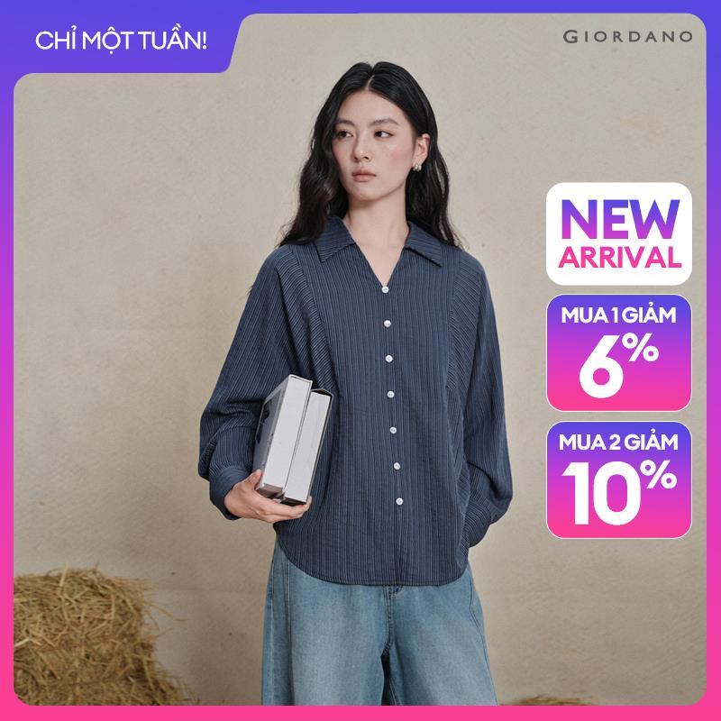 GIORDANO Women Shirts Striped Skipper Collar Shirts Button Accent Long Sleeve Fashionable Casual Loose Shirts 18346518