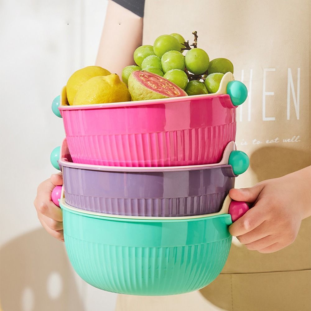 EMERRY Sáng tạo Bộ rổ thoát nước trái cây Lớp đôi Tròn Chậu rửa rau Đa chức năng Tiết kiệm không gian Giỏ trái cây nhà bếp Hộ gia đình