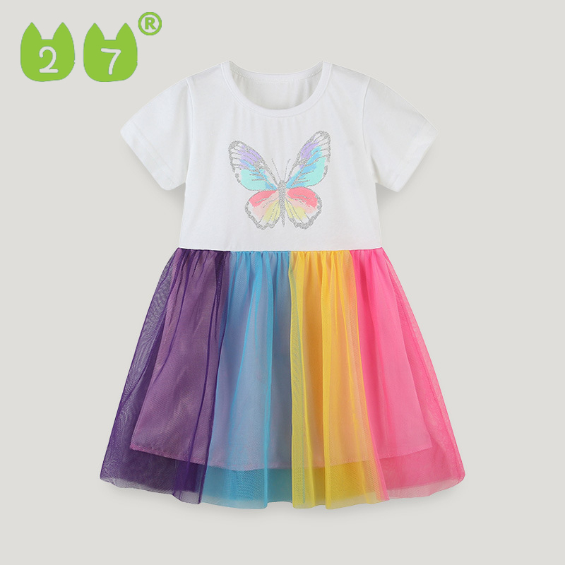 27Kids Mùa hè mới cô gái ngắn tay áo đầm Âu Mỹ phong cách vòng cổ phim hoạt hình lưới sợi trẻ em váy dễ thương đầy màu sắc sợi công chúa váy-1281