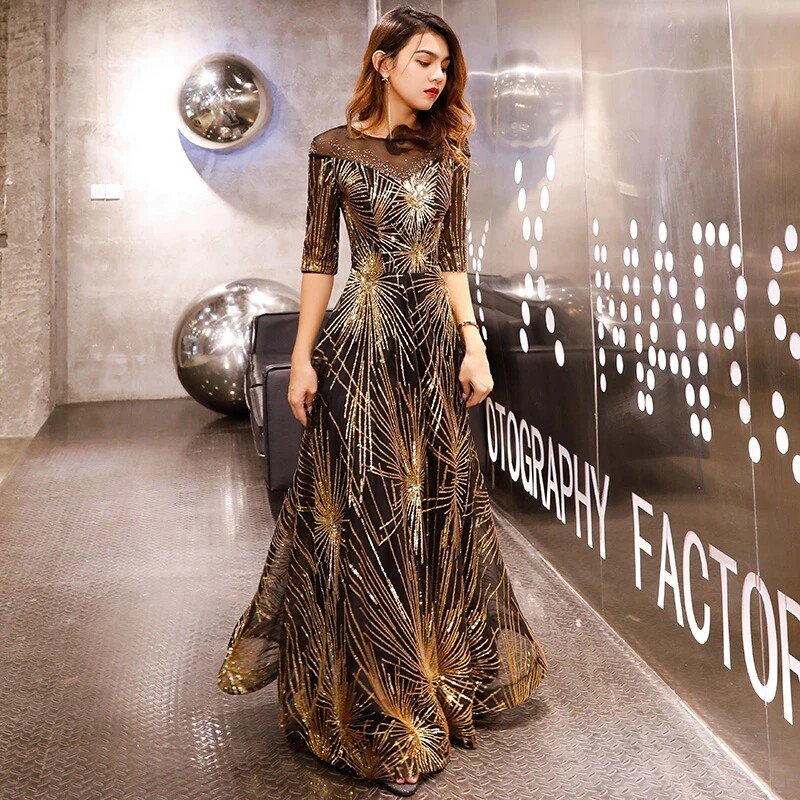 Black And Gold Slim Fishtail Dinner Dress - Polyester Fiber Sequins Evening Gown