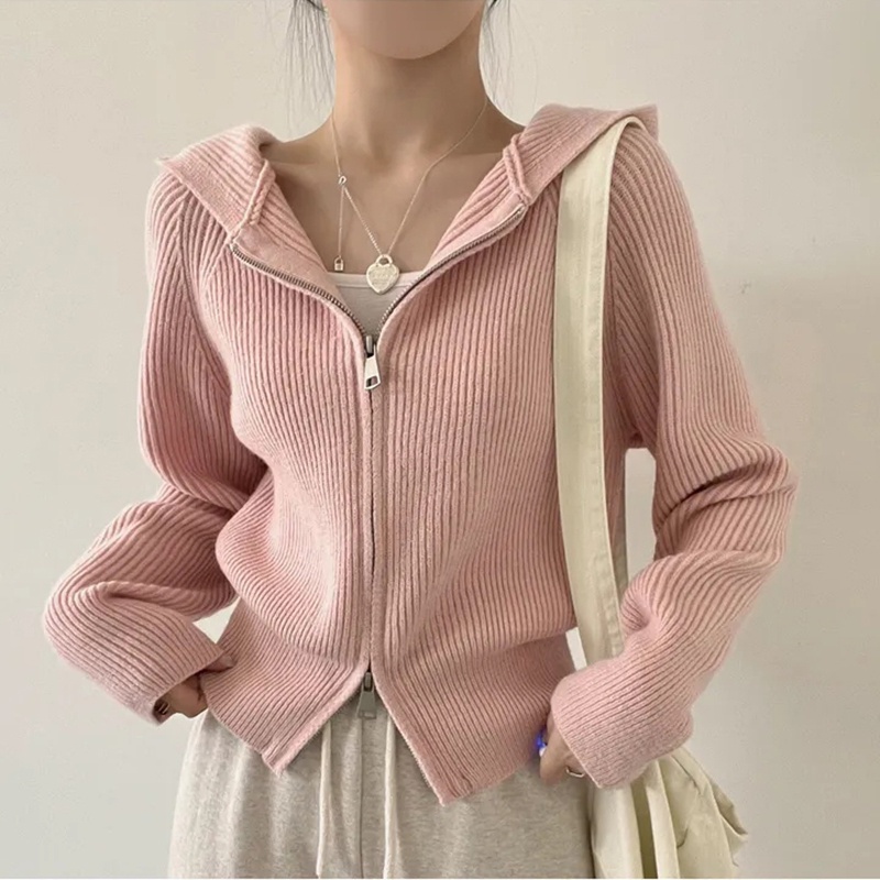 Mùa thu mùa đông phong cách giản dị đôi Thanh TrượT Dây Kéo Đan Áo len trùm đầu