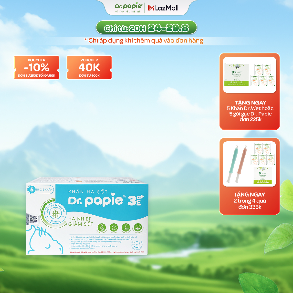 [Voucher 12% + Quà tặng] Khăn Lau Dr Papie 3+ Thải Nhiệt Hạ Sốt Chuẩn Nhi Khoa Ngăn Ngừa Co Giật Cho Bé