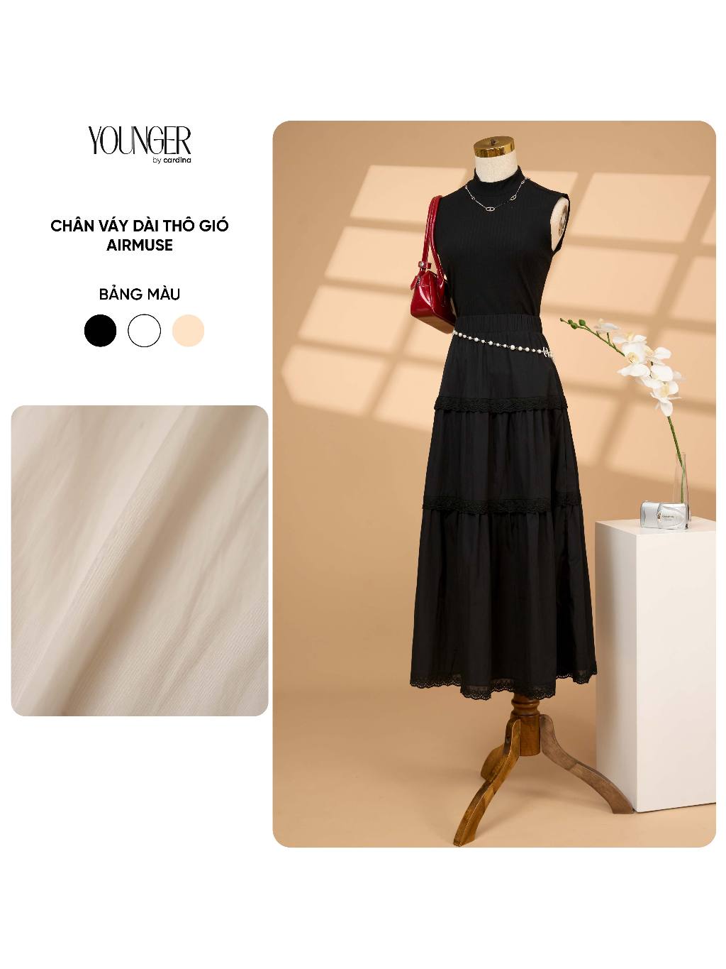 Chân váy nữ YOUNGER BY CARDINA chất liệu thô gió dáng dài ba tầng phối ren 5YCVX06