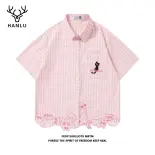 Hanlu Áo sơ mi ngắn tay kẻ ô thêu mèo dễ thương, áo rộng phong cách đại học thường ngày cho cả nam và nữ