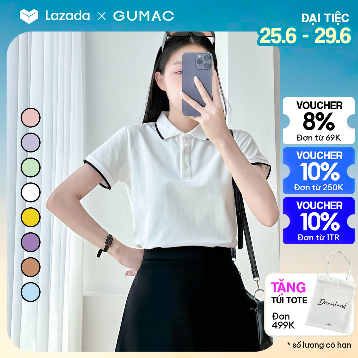 [25 - 29.6 |Voucher 8-10%] Áo thun polo nữ màu hồng - tím thời trang GUMAC có cổ đẹp thiết kế trơn cơ bản PLE03028 - LPLE0510