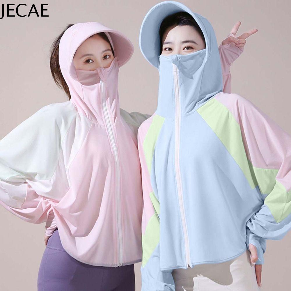 JECAE Áo nỉ Quần Áo Chống Nắng Chống tia cực tím Chắp vá Áo khoác chống nắng ngoài trời Thoáng khí Dài Tay Áo Khoác Chống Nắng Mũ trùm đầu Thể thao ngoài trời