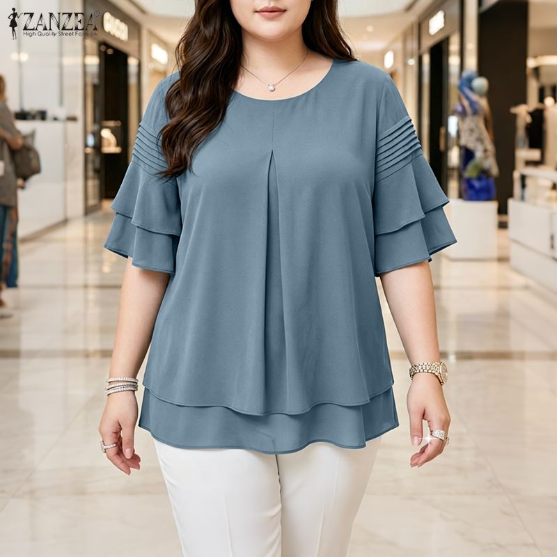 ZANZEA Korean Style Women Elegant Pleated Top Half Ruffle Sleeve Chiffon Crew Neck Plain Blouse #0810