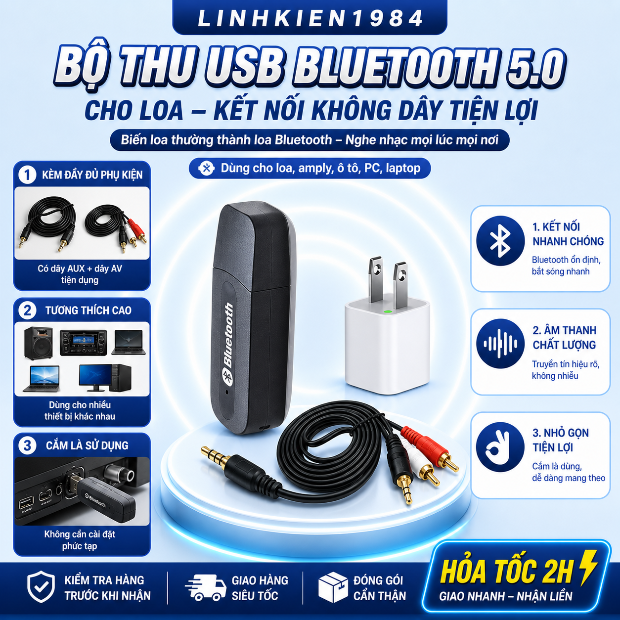Bộ USB thu bluetooth BT- 163 4 trong 1 cho dàn amly ra loa (usb bluetooth âm thanh+cốc sạc+dây bông sen)