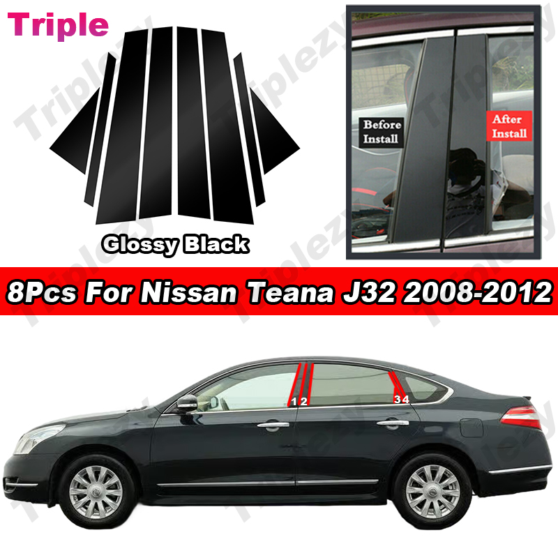 8Pcs Glossy Black/Carbon Fiber Car Window Door Column B C BC Pillar Post Cover Trim Mirror Effect PC Material Sticker Styling Accessories For Nissan Teana J32 2008-2012 ราคา 233 บาท*ส่งฟรี