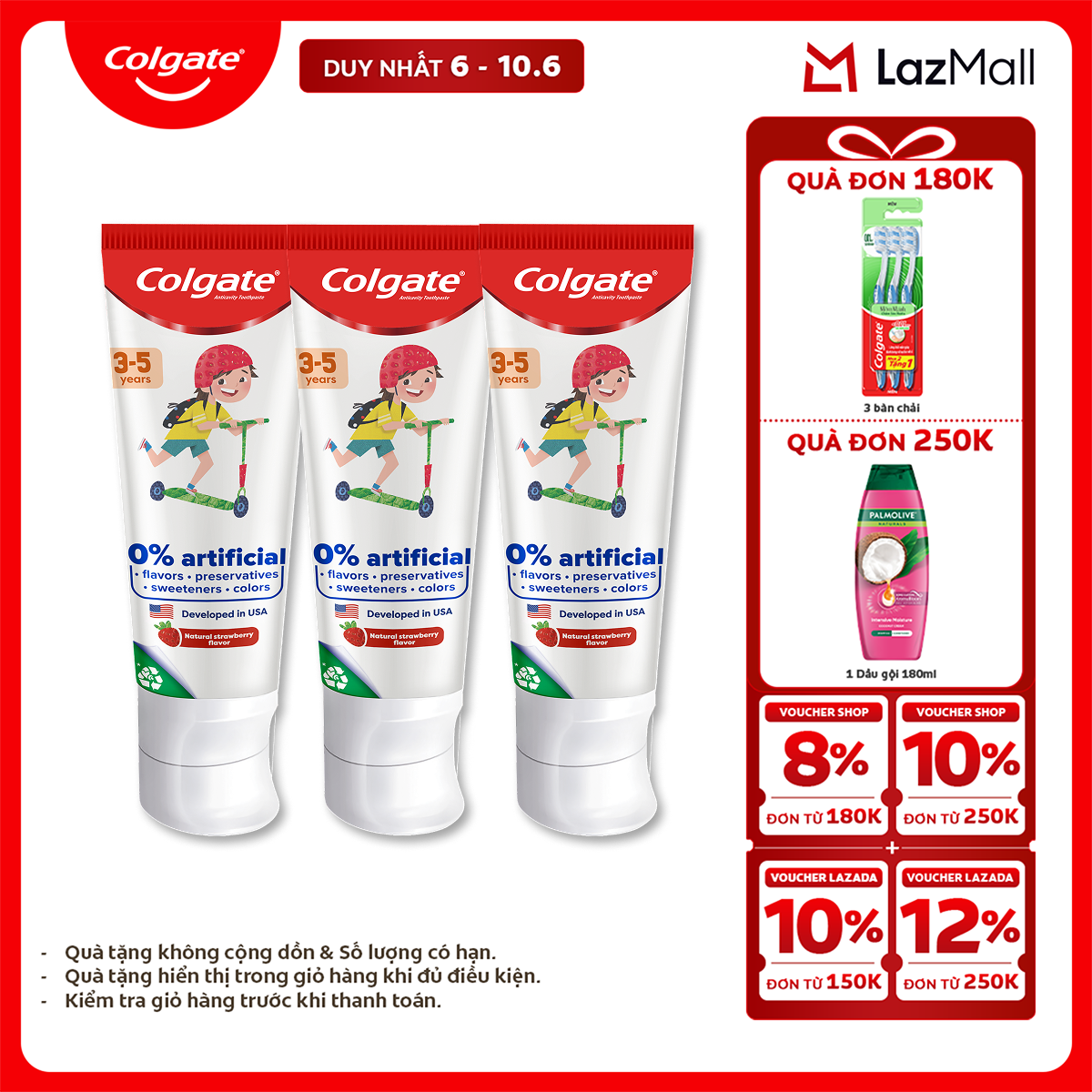 [Chỉ 6-10.6_X2 Voucher giảm 22%] Bộ 3 Kem đánh răng Colgate Kid Free From cho trẻ em 3-5 tuổi không hương liệu và chất bảo quản 80g/tuýp