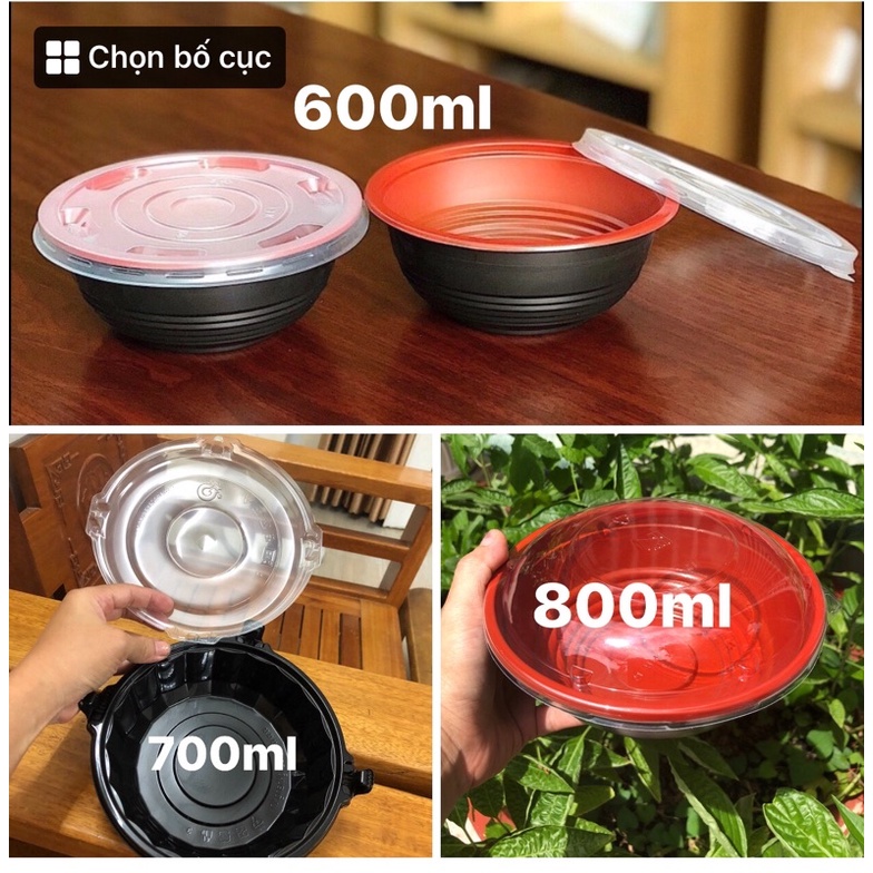 Thố phở , tô phở đế đỏ đen nhựa pp kèm nắp