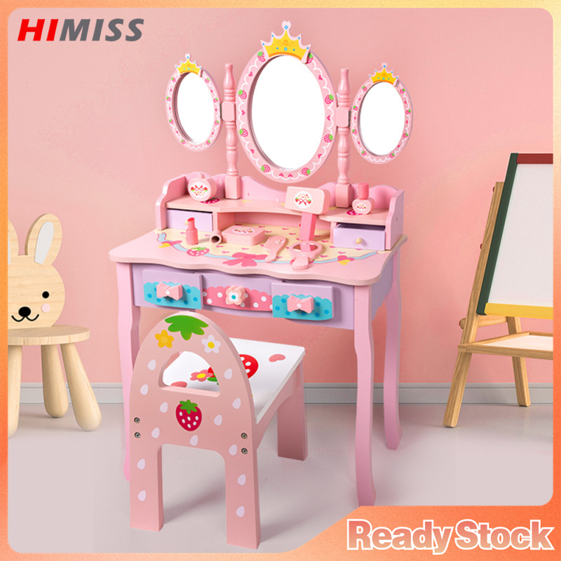Kids Vanity Set With Mirror, Pretend Play Makeup Table And Chair Set With Makeup Accessories & Hair Dryer, Wooden Princess Vanity Toys For Girls Gifts ราคา 10,396 บาท*ส่งฟรี