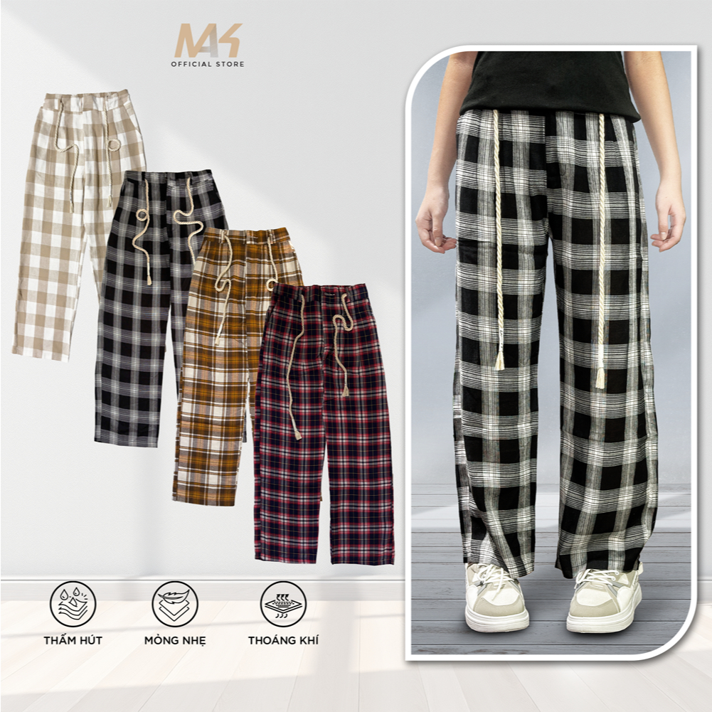  Quần Kẻ Caro Nữ Ống Rộng MAK Vải Dạ Flannel Cao Cấp Có Dây Rút Eo Cá Tính Phong Cách Hàn Quốc Chất Dày Dặn Tôn Dáng 