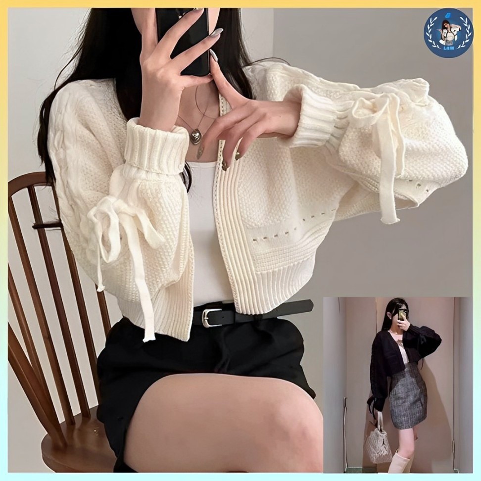 [A367] Áo KHOÁC len nữ cardigan dệt kim TAY PHỒNG CỘT NƠ dáng CROPTOP kiểu dáng sang trọng - L2M