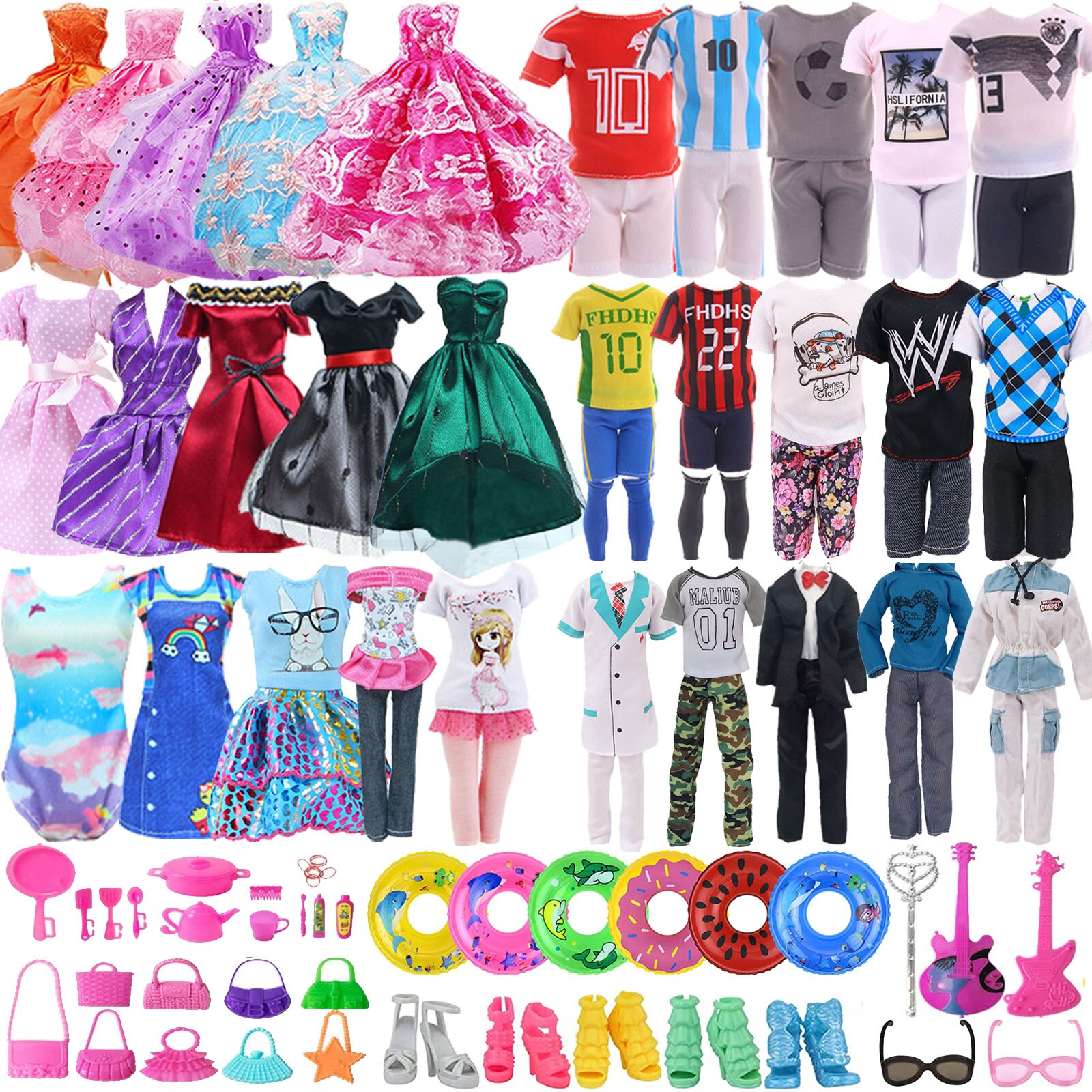 79Pcs Barbies Ken Doll Accessories 5 Barbies Clothes+5 Ken Clothes+ 69