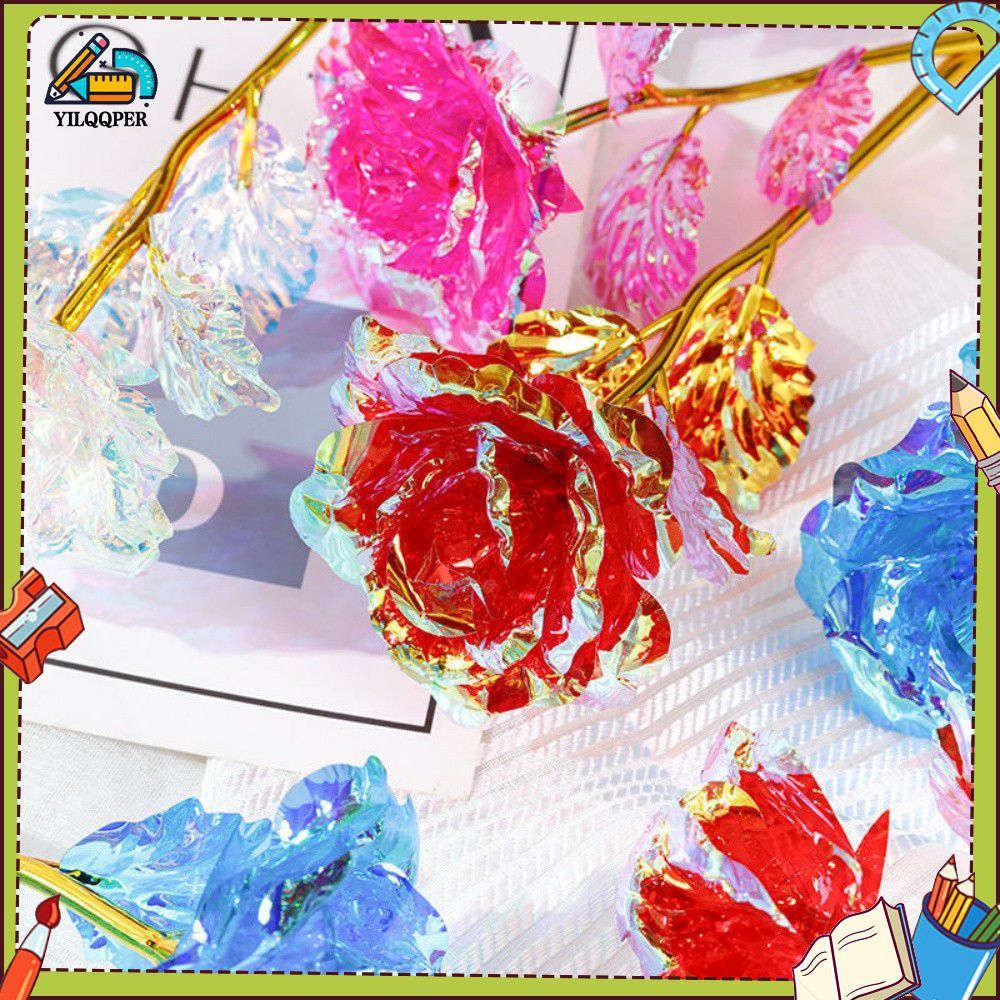 YILQQPER Eternal Flower Rose Colorful Sparkling Gold Rose Mother's Day Valentine's Day Simulated Gold Pot Foil Flower Gift ราคา 21 บาท*ส่งฟรี