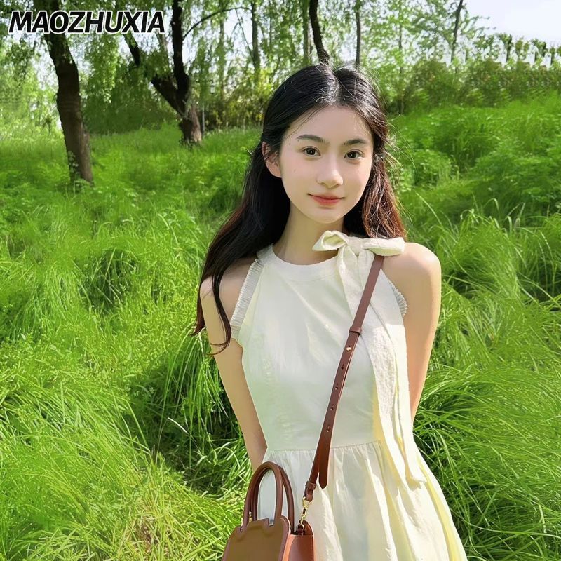 MAOZHUXIA French Ballet Style Halter Dress Women's Bow Lace Dress