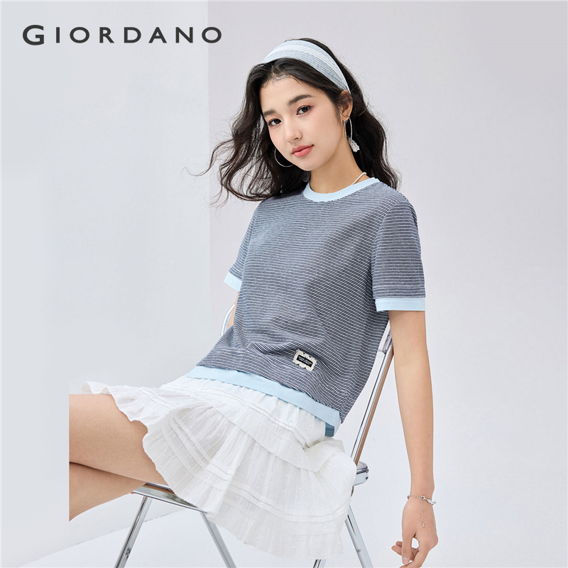GIORDANO Women T-Shirts Contrasting Crewneck Stripe Tee Embroidery Patch Short Sleeve Summer Fashion Casual Tshirts 18325503 ราคา 573 บาท*ส่งฟรี