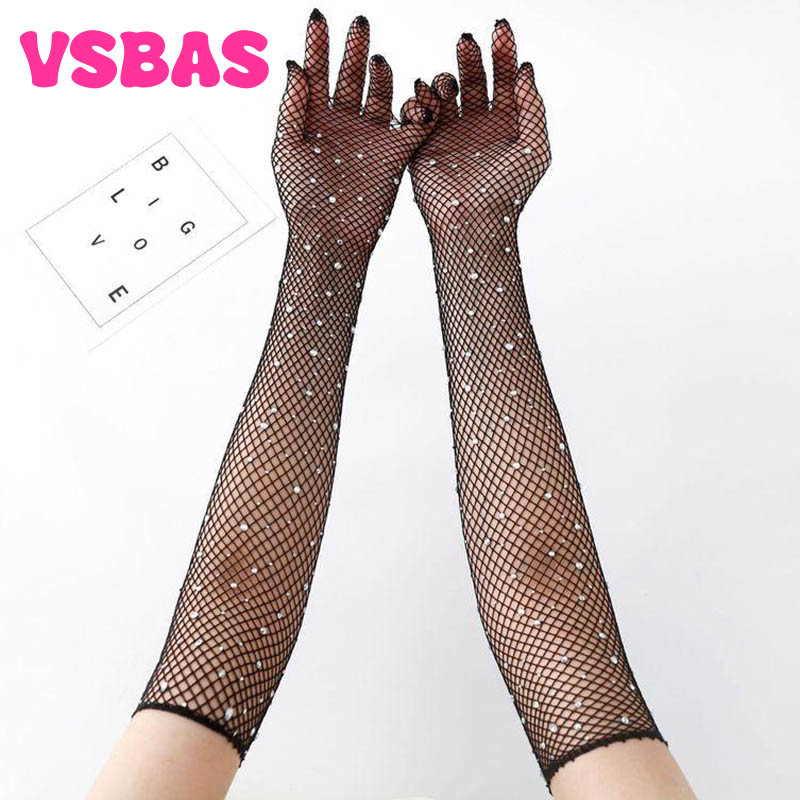 [VSBAS] 1pair Black Sexy Elastic Rhinestones Full Finger Gloves Women Shining FlashThin Mesh Punk Nightclub Stage Performance Long Glove