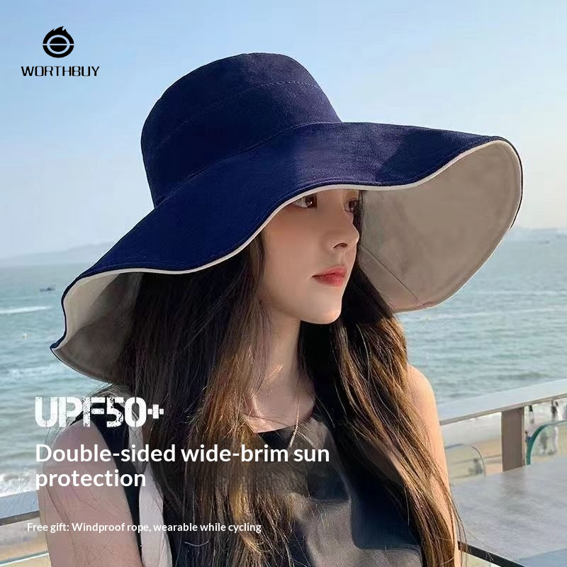 หมวกบักเก็ตทรงกว้างสำหรับผู้หญิง ป้องกันแสงแดดและรังสียูวี ใส่สบายระบายอากาศได้ดี แบบพับได้เหมาะกับฤดูร้อน ราคา 65 บาท*ส่งฟรี