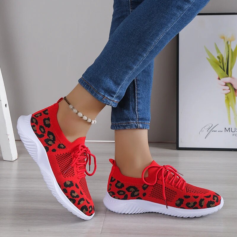 HOT@**@ Women's Leopard Tennis Sneakers 2023 Spring Autumn New Mesh Breathable Sport Shoes Ladies Walking Running Flats Zapatos De Mujer