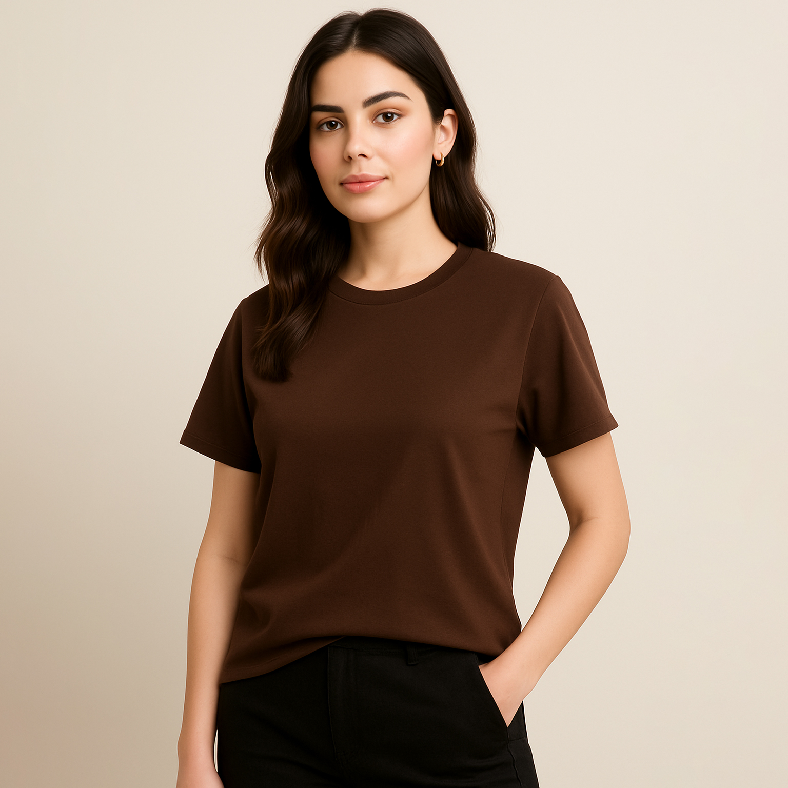 Plain Basic Brown Half Sleeve T Shirt For Girls And Women Cotton Casual Round Neck Everyday Essential Top