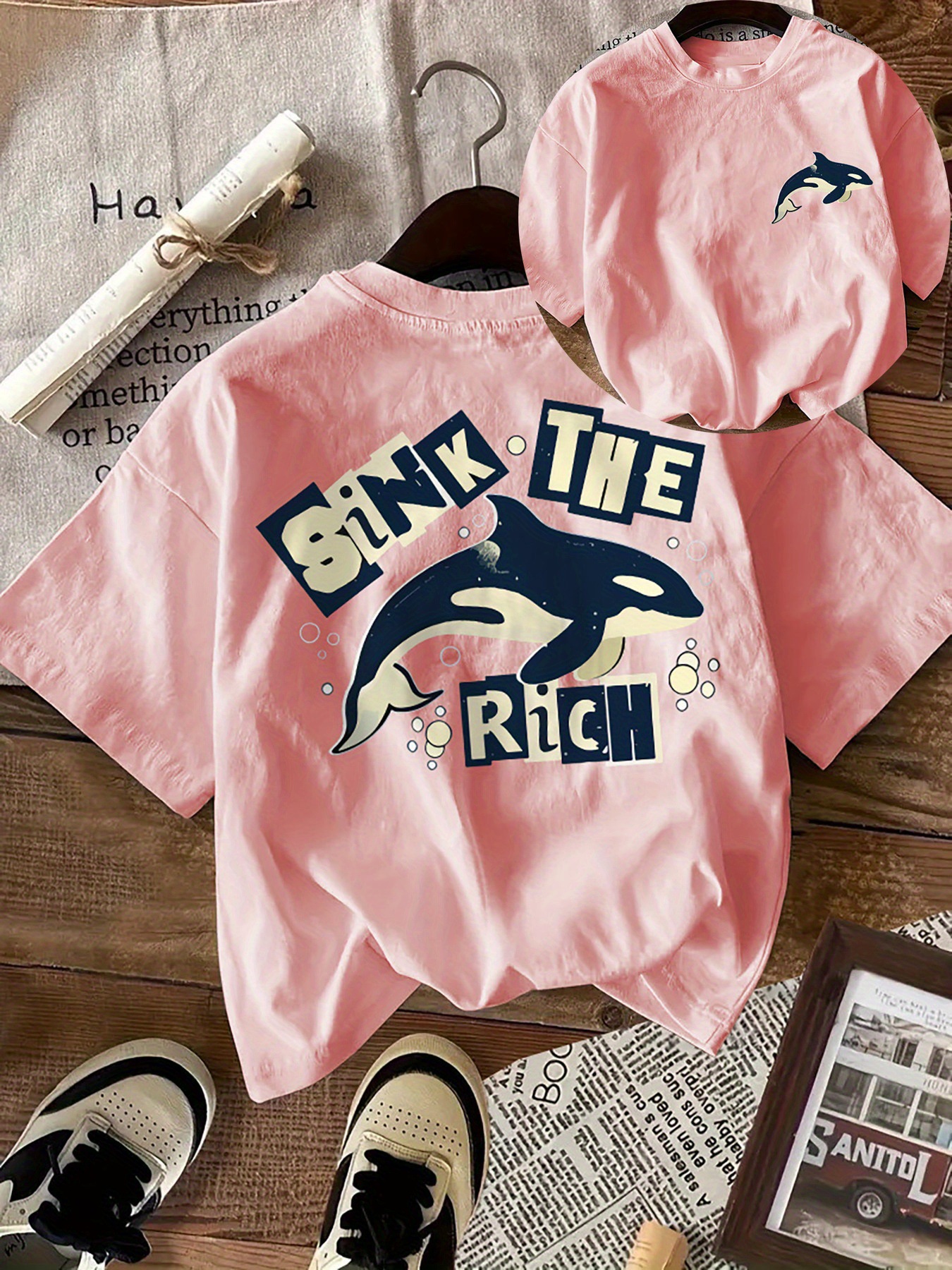 2025 Tay Ngắn Cổ Tròn 100% Cotton Mẫu Mới T Áo Thun Sink The Rich Letter Whale Print T-shirt, Short Sleeve Crew Thời Trang Hàn Quốc Mặc Thường Ngày