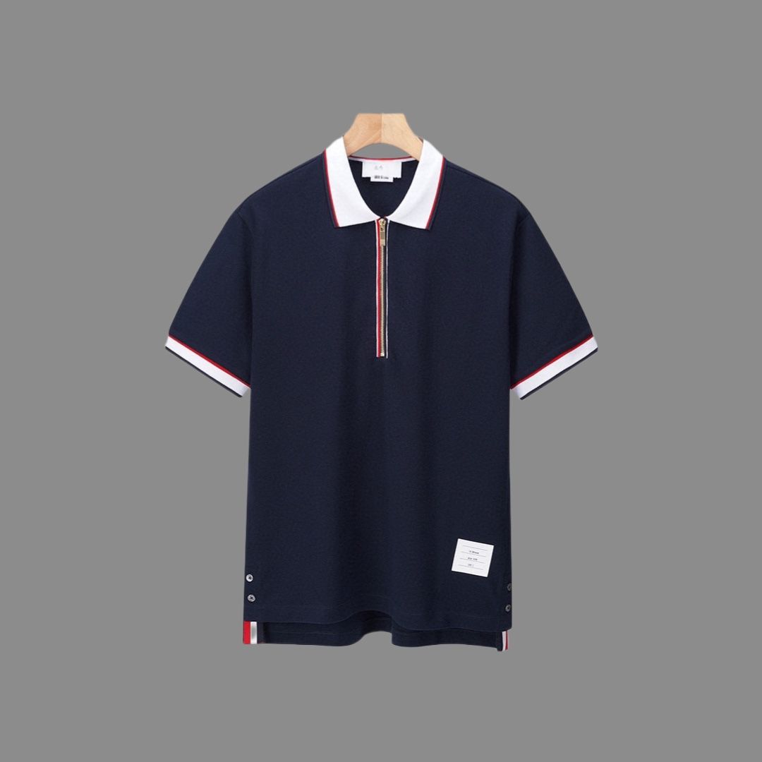 2024 Gốc Thom Browne Trend TB mới mùa hè va chạm màu webbing polo áo sơ mi ngắn tay sọc cho nam giới