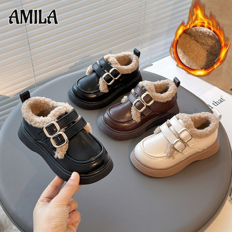 Amila Nữ Giày trẻ em công chúa giày da nhỏ lông cừu bé gái đế mềm Tình Yêu Anh