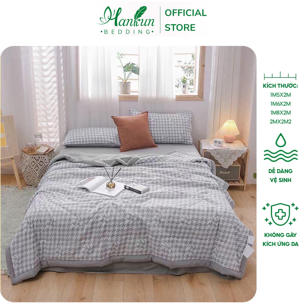 Bộ 4 món chăn ga gối drap trải giường Hankun cotton đũi nhập khẩu Hàn Quốc mền kẻ chần bông cao cấp
