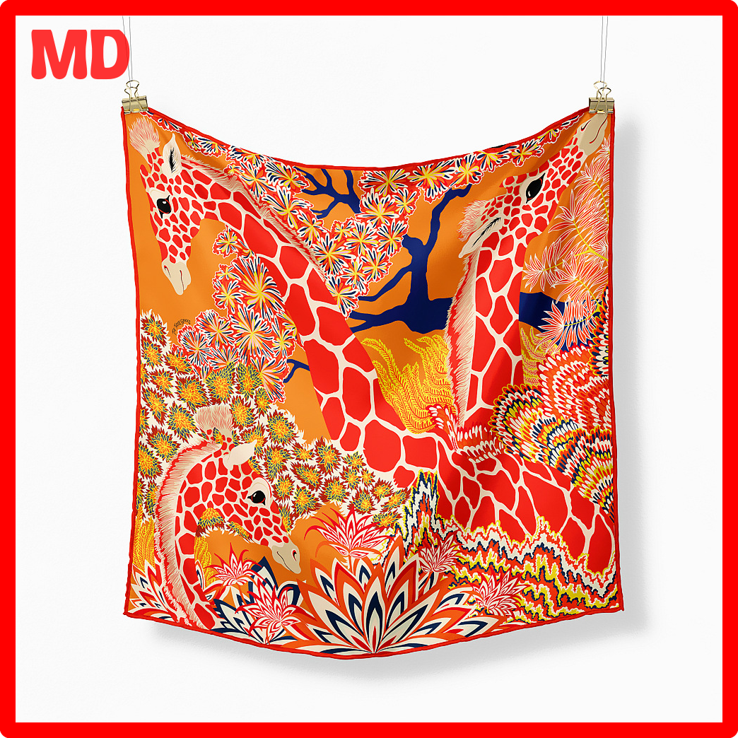 [MD]☺ 53cm Drei Giraffen 100% Twill Seide Schal Haar Marke Platz Schals Bandana Frauen Schals Foulard Schal Hijab Mode Halstuch