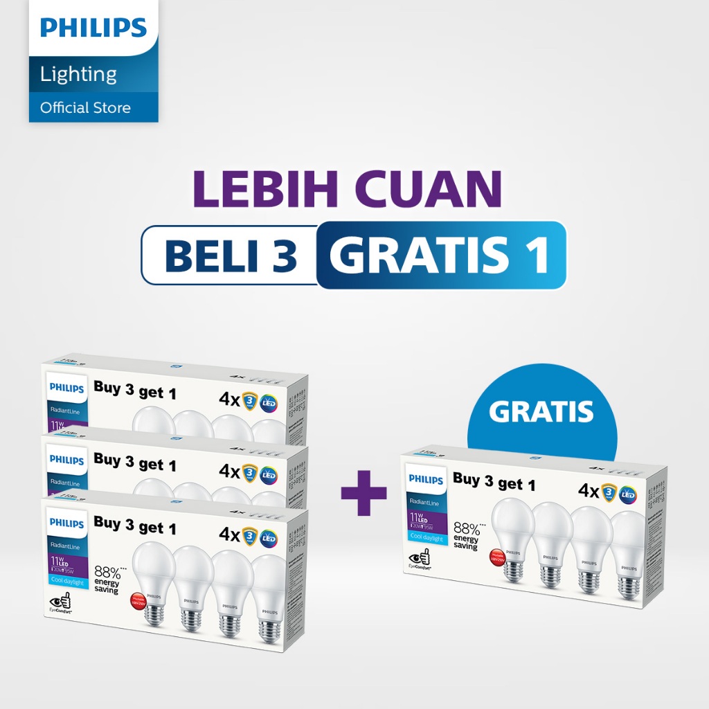Philips Lampu LED Paket Hemat Beli 3 Gratis 1 Multipack Radiantline 11W 6500K Putih Harga 378,575 rupiah*Gratis Ongkir