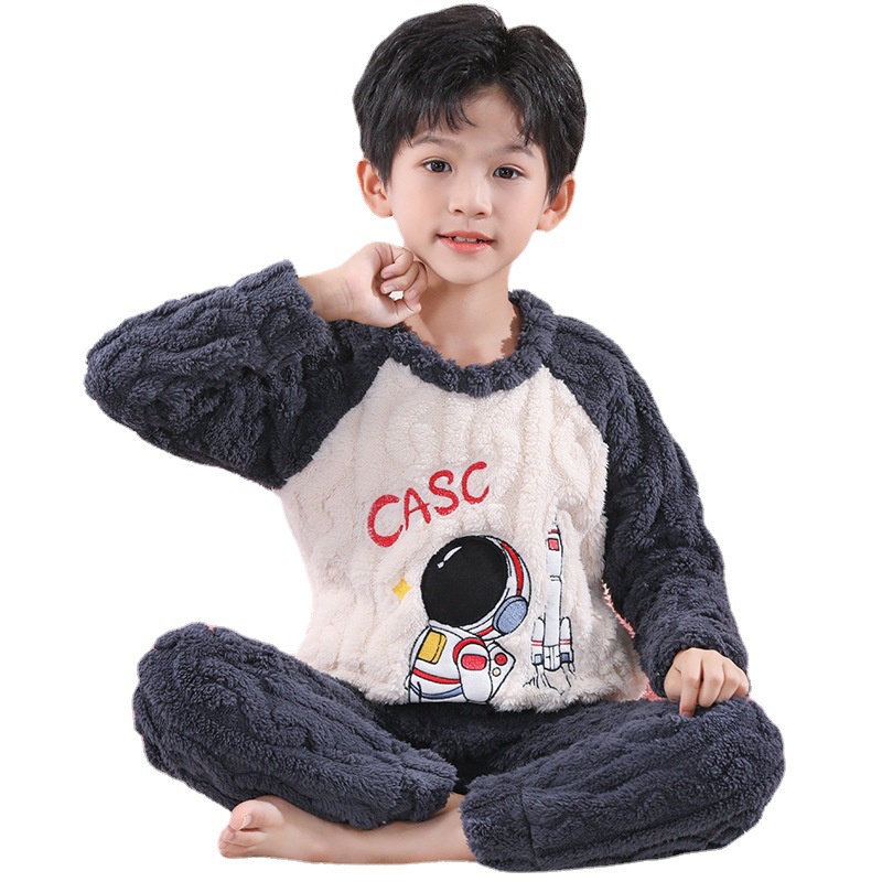WGB SUPER KIDS Trẻ em coral fleece pyjamas fleece dày flannel pyjamas cute girl princess boy outerwear