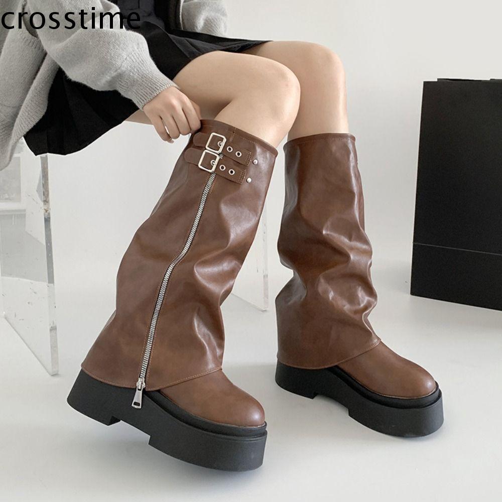 CROSSTIME Nền Tảng Giày bốt Biker nữ Khóa thắt lưng Thiết kế mới Bốt ống dài Hợp thời trang Thường ngày Bốt nữ cao đến đầu gối Bé gái