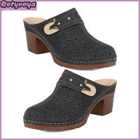Womens Slip-On Sandals Chunky Heel Mules with Flower Pattern Hollow Upper Closed Toe Sandals for Summer Street Party Wear