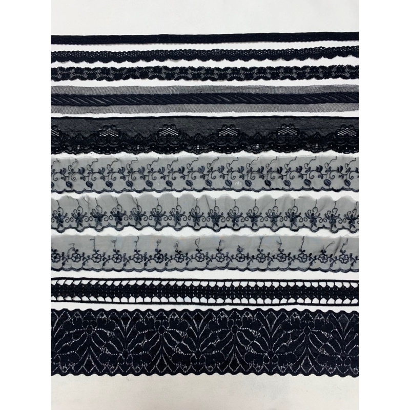 Ren viền tua rua, ren thun, ren chỉ bóng cotton Ren viền,ren thun,thun ren đen trang trí quần áo,phụ kiện,đồ handmade...