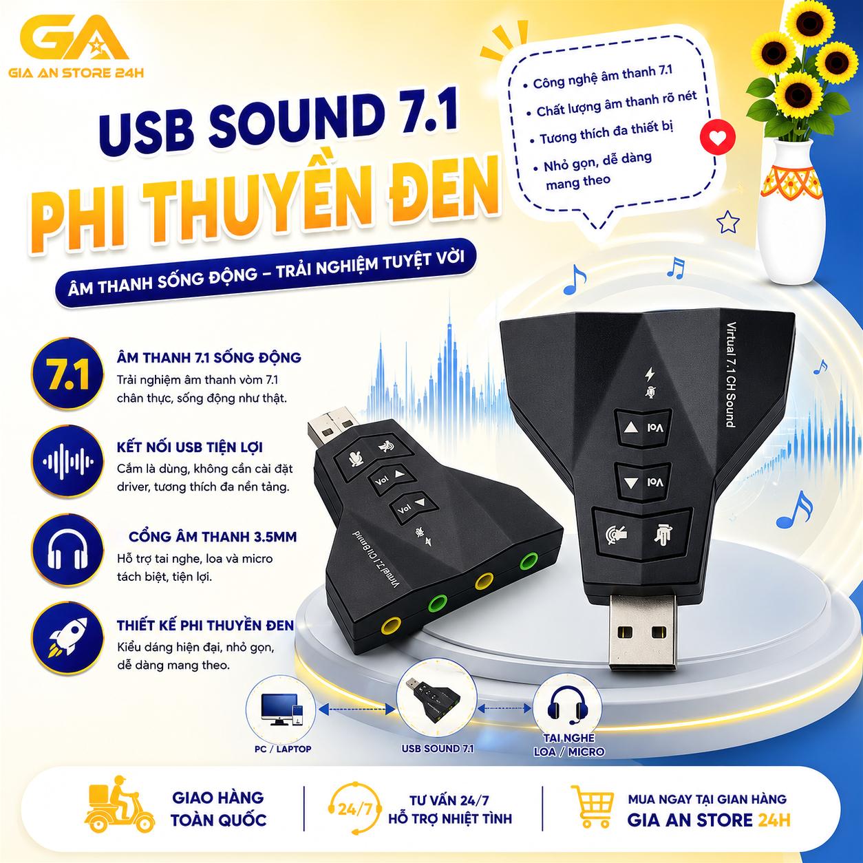 USB Sound Card 7.1 Virtual – Card Âm Thanh USB 7.1 – Cổng Tai Nghe & Micro 3.5mm